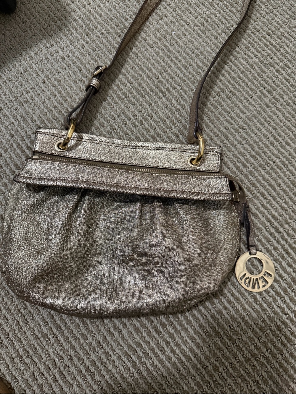 Fendi Metallic Pewter Shoulder Bag with Logo Charm